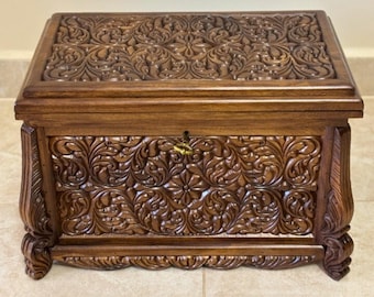 Walnut Wood Storage Organizer Box, Turkish Traditional Hand Carved Keepsake Chest Lockable
