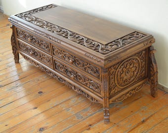 Walnut Wood 4 Drawers TV Stand, Farmhouse Rustic TV Unit Hand Carved Media Cabinet