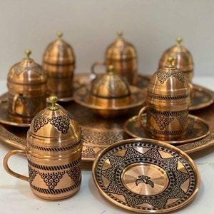 Copper coffee cup set grape embroidered, Espresso porcelain coffee cups, Turkish traditional coffee set with serving tray