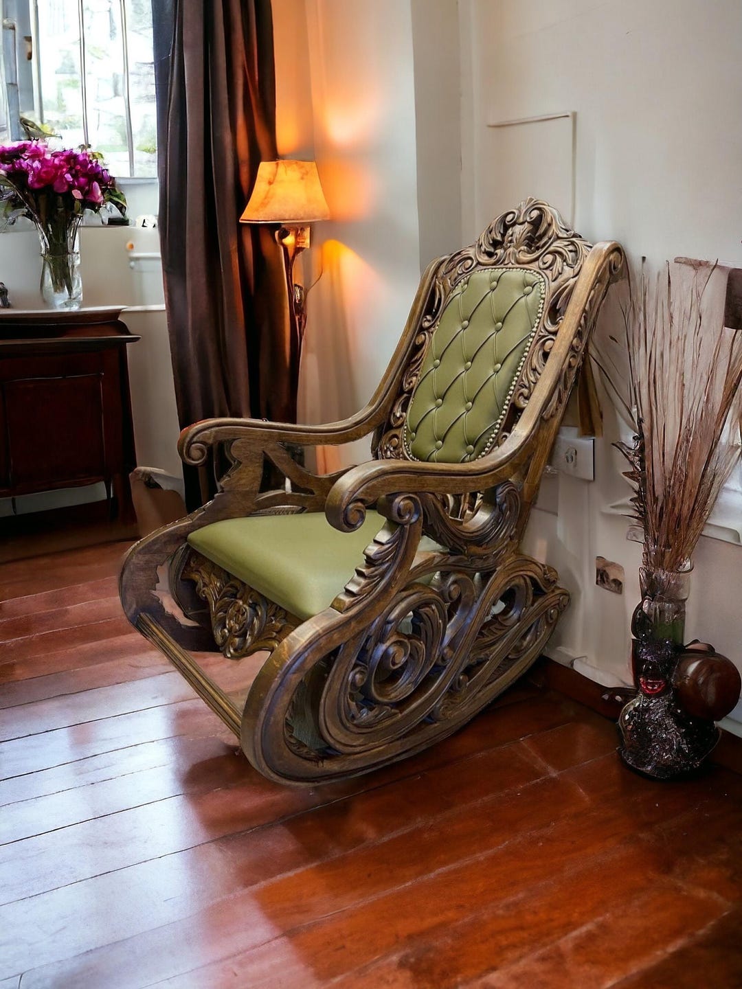 新品・未開封　unusual ROCKING CHAIR オリーブグリーン Honeybloom Green Wooden Rocking Chair 13in | At Home