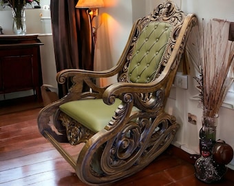 Wooden Rocking Chair, Mid Century Modern Lounge Chair, Hand Carved Walnut Wood Chair, Baroque Rococo Furniture
