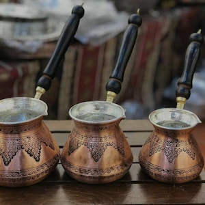 Engraved Turkish Greek Arabic Coffee Pot With Wooden Handle , Traditional Handmade Copper Cezve, Grape Patterned Copper Coffee Pot Set