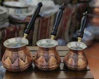 Engraved Turkish Greek Arabic Coffee Pot With Wooden Handle , Traditional Handmade Copper Cezve, Grape Patterned Copper Coffee Pot Set