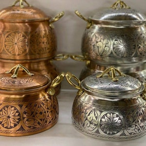 Hand Engraved Copper Cooking Pot, Traditional Turkish Extra Thick Copper Pots with Brass Handle, Casserole Cookware