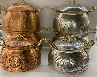 Hand Engraved Copper Cooking Pot, Traditional Turkish Extra Thick Copper Pots with Brass Handle, Casserole Cookware
