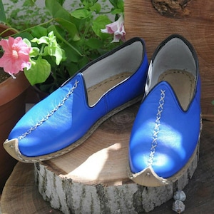 Blue Color Genuine Leather Shoes, Unisex Travel Shoes, Hand stitched Leather Women's Loafer and Flats, Turkish Summer Yemeni Shoes, Slip on image 1