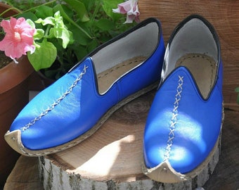 Blue Color Genuine Leather Shoes, Unisex Travel Shoes,  Hand stitched Leather Women's Loafer and Flats, Turkish Summer Yemeni Shoes, Slip on