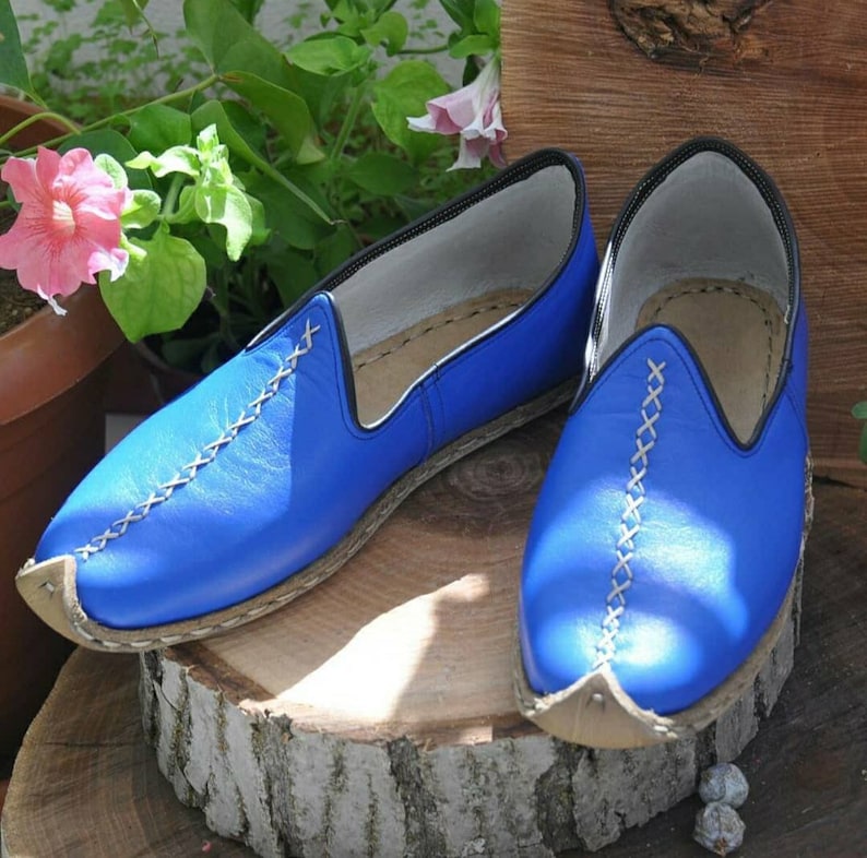 Blue Color Genuine Leather Shoes, Unisex Travel Shoes, Hand stitched Leather Women's Loafer and Flats, Turkish Summer Yemeni Shoes, Slip on image 1