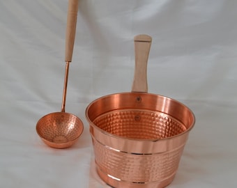 Hammered Copper Sauna Bucket and Ladle with Wooden Handle, Turkish Personalized Traditional Copper Sauna Set