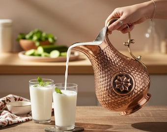 Copper Beverage Serving Jug with Brass Handle, Turkish Traditional Engraved Copper Pitcher & Vase Home Decor