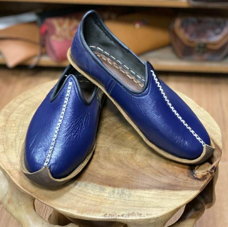 Blue Color Genuine Leather Shoes, Unisex Travel Shoes, Hand stitched Leather Women's Loafer and Flats, Turkish Summer Yemeni Shoes, Slip on image 5