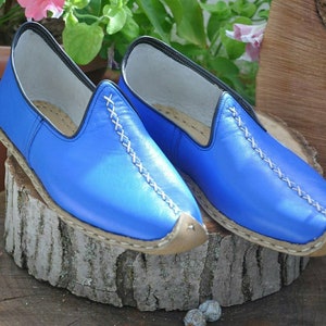 Blue Color Genuine Leather Shoes, Unisex Travel Shoes, Hand stitched Leather Women's Loafer and Flats, Turkish Summer Yemeni Shoes, Slip on image 2