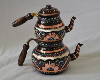 Traditional Copper Teapot with Floral Pattern Hand Painted Embroideries, Turkish Copper Counter Top Tea Kettle with Wooden Handles