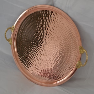 Hammered copper round tray, Turksih traditional coffee serving tray with brass handles, Beverage serving
