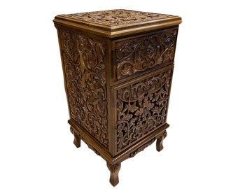 Walnut wood nightstand, Hand carved wooden bedside table with drawers, bedside dresser&table in walnut finish