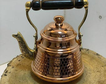 Turkish Copper Teapot, Hand Engraved Copper Stove Top Tea Kettle with Wooden Handle