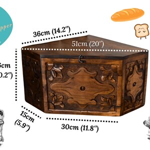 May include: A wooden bread box with carved floral designs. The box is brown and measures 20 inches wide, 14.2 inches deep, 10.2 inches high, and 11.8 inches across the front. The logo "EdeWoodCopper" is in the upper left corner.