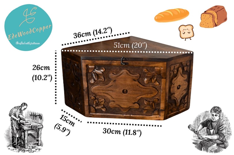 May include: A wooden bread box with carved floral designs. The box is brown and measures 20 inches wide, 14.2 inches deep, 10.2 inches high, and 11.8 inches across the front. The logo "EdeWoodCopper" is in the upper left corner.