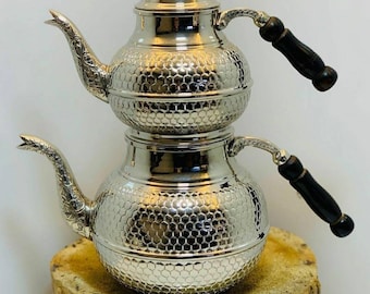 Traditional Copper Teapot with Wooden Handles, Hand Engraved Turkish Copper Tea Kettle Kitchen Decor