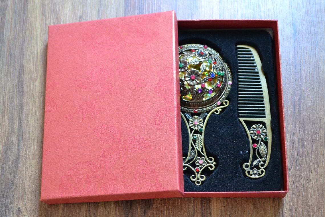 Authentic Hand Mirror and Comb Set Fancy Metallic Mirror Etsy
