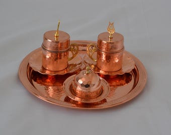 Turksih Copper Coffee Set for 2, Espresso Cups and Serving Tray