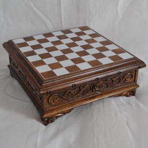Wooden Chess Box, Walnut Wood Hand Carved Chess Board with Hidden & Secret Key Compartment