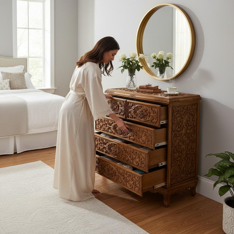 Cómoda de madera de nogal con 5 cajones, estilo tradicional turco tallado a mano, para dormitorio. imagen 10