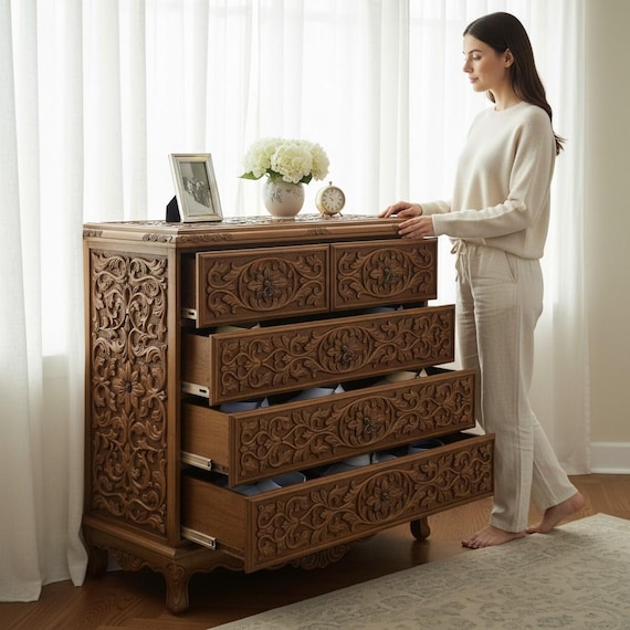 Walnut Wood Dresser 5 Drawers Traditional Turkish Hand Carved Bedroom Storage Cabinet
