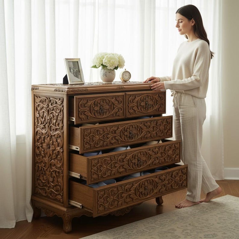Cómoda de madera de nogal con 5 cajones, estilo tradicional turco tallado a mano, para dormitorio. imagen 1