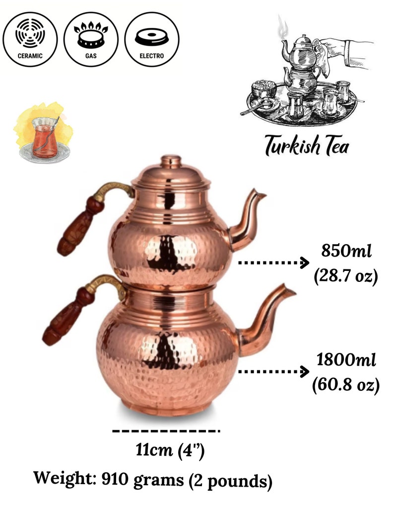 Théière turque en cuivre avec manche en bois, bouilloire traditionnelle en cuivre martelé image 2