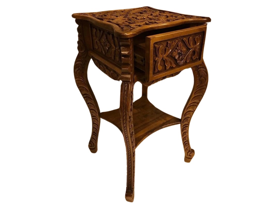 Hand Carved Side Table With Drawer, Walnut Wood Luxury Coffee Table Etsy