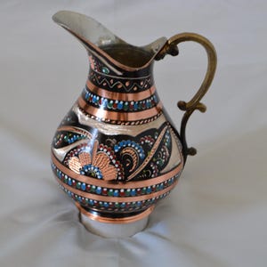 Turkish Hand Engraved Copper Pitcher, Hand Painted Copper Beverage Serving Jug Traditional Style