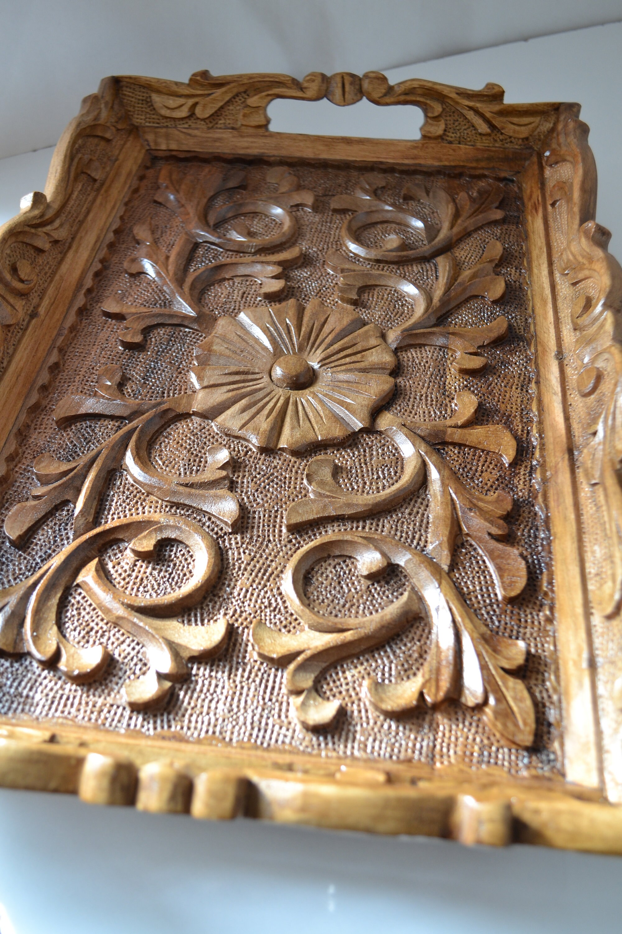 Hand Carved Wooden Serving Tray, Decorative Walnut Wood Tray, Farmhouse  Style Coffee Serving Tray - Etsy