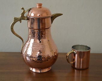 Hammered Copper Beverage Serving Jug with Lid, Healthy Drinkware Set, Turkish Ayran Water Pitcher