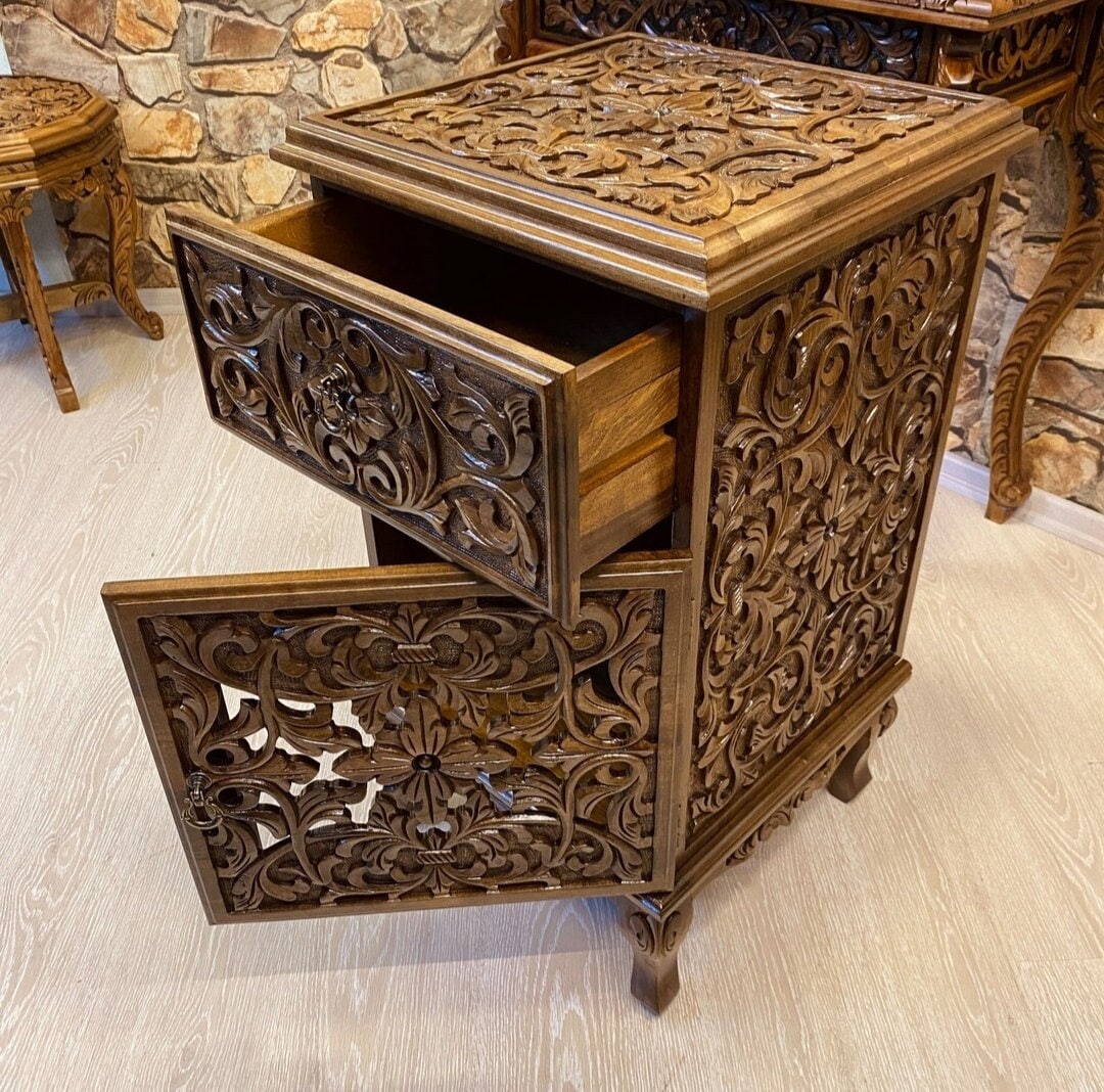 Walnut Wood Nightstand Hand Carved Wooden Bedside Table With - Etsy