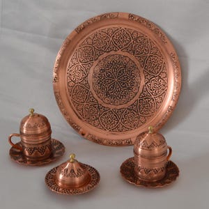 Turkish coffee serving set for 2 with serving tray, Porcelain espresso cups, Copper grape patterned coffee mugs