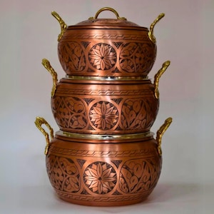 Hand Engraved Copper Pots with Brass Handle, Turkish Traditional Solid Copper Casserole Pot