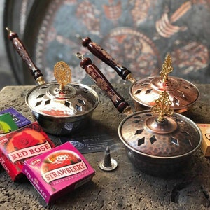 Copper incense holder with wood handle, Copper thurible, Turkish copper censer