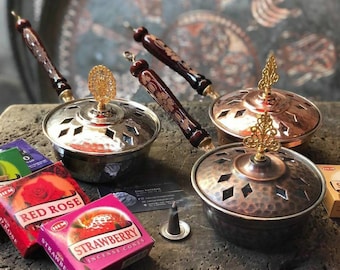 Copper incense holder with wood handle, Copper thurible, Turkish copper censer