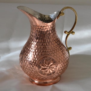 Copper Beverage Serving Jug with Brass Handle, Turkish Traditional Engraved Copper Pitcher, Copper Vase Home Decor
