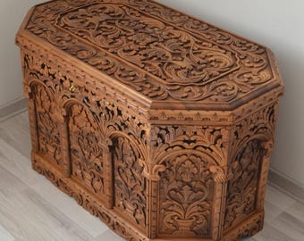 Walnut Wood Large Hope Chest, Ottoman Hand Carved Large Storage Chest, Carved Wooden Trunk