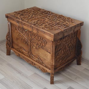 Tree of Life Wooden Chest, Walnut Carved Trunk Coffee Table, Tree Patterned Traditional Storage & Hope Chest