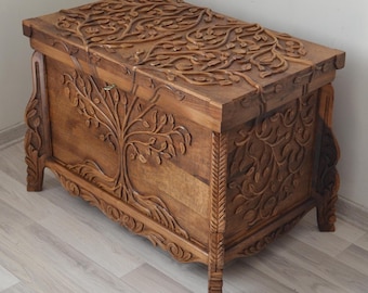 Tree of Life Wooden Chest, Walnut Carved Trunk Coffee Table, Tree Patterned Traditional Storage & Hope Chest