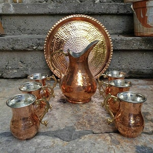 Turkish Copper Pitcher Set, Hammered Copper Jug with Mugs, Kitchen Decor Ornament, Beverage Serving Set, Turkish Ayran Jug