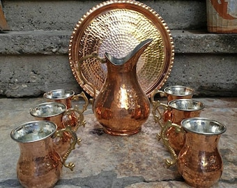 Turkish Copper Pitcher Set, Hammered Copper Jug with Mugs, Kitchen Decor Ornament, Beverage Serving Set, Turkish Ayran Jug