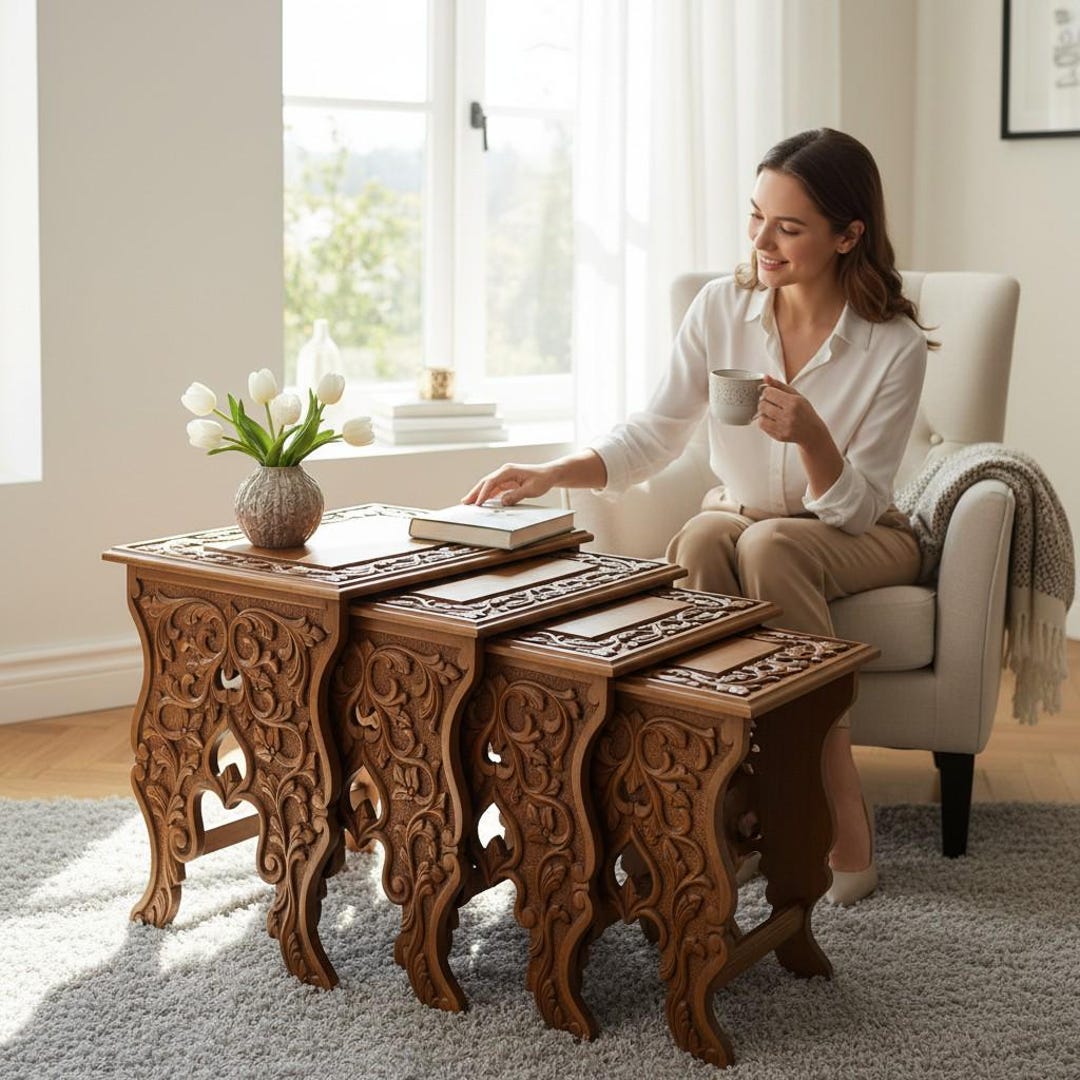 Walnut Wood Nesting Table Set, Turkish Traditional Hand Carved
