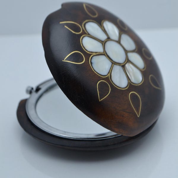 Walnut wood mother of pearl makeup mirror, Pocket mirror, Handbag mirror for women