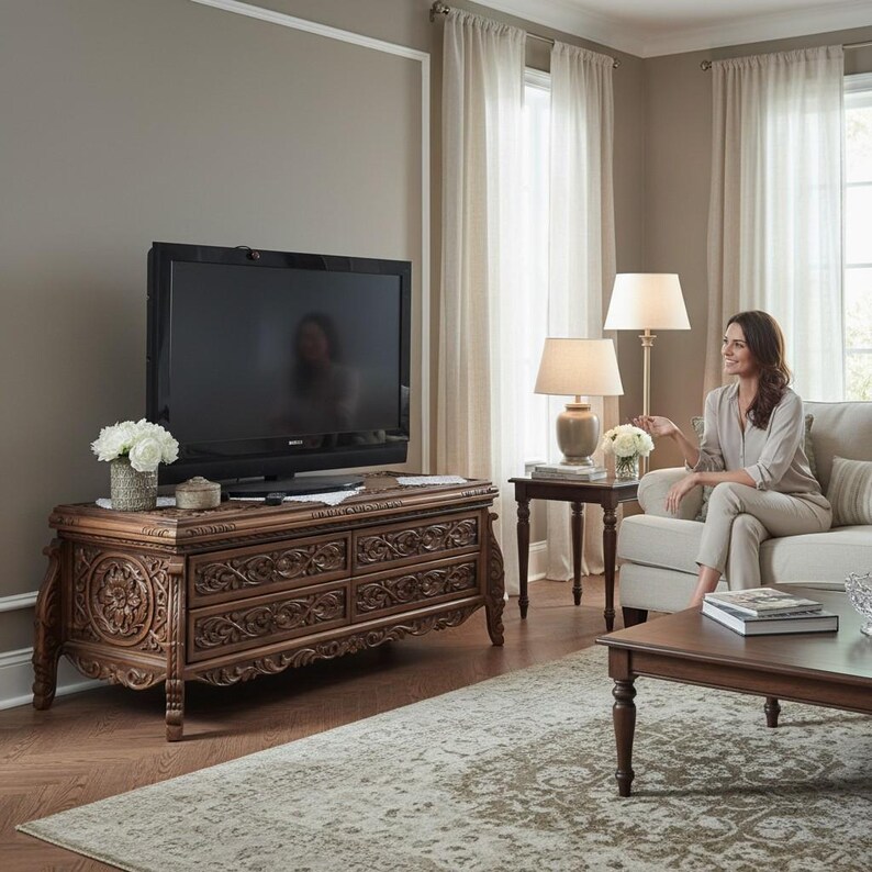 Mueble de TV de madera de nogal con 4 cajones, estilo rústico de granja, mueble para TV tallado a mano imagen 11