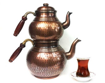 Turkish Copper Teapot with Wooden Handle, Traditional Hammered Copper Tea Kettle