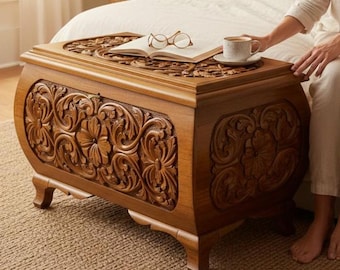 Walnut Wood Storage Chest, Hand Carved Wooden Oval Decorative Coffee Trunk Table & Box